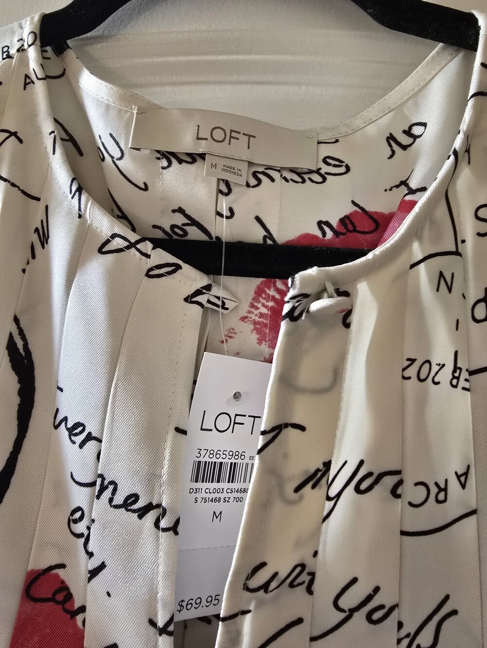 LOFT White Script-Print Pleated Blouse with Red Accents - Picture 2 of 4